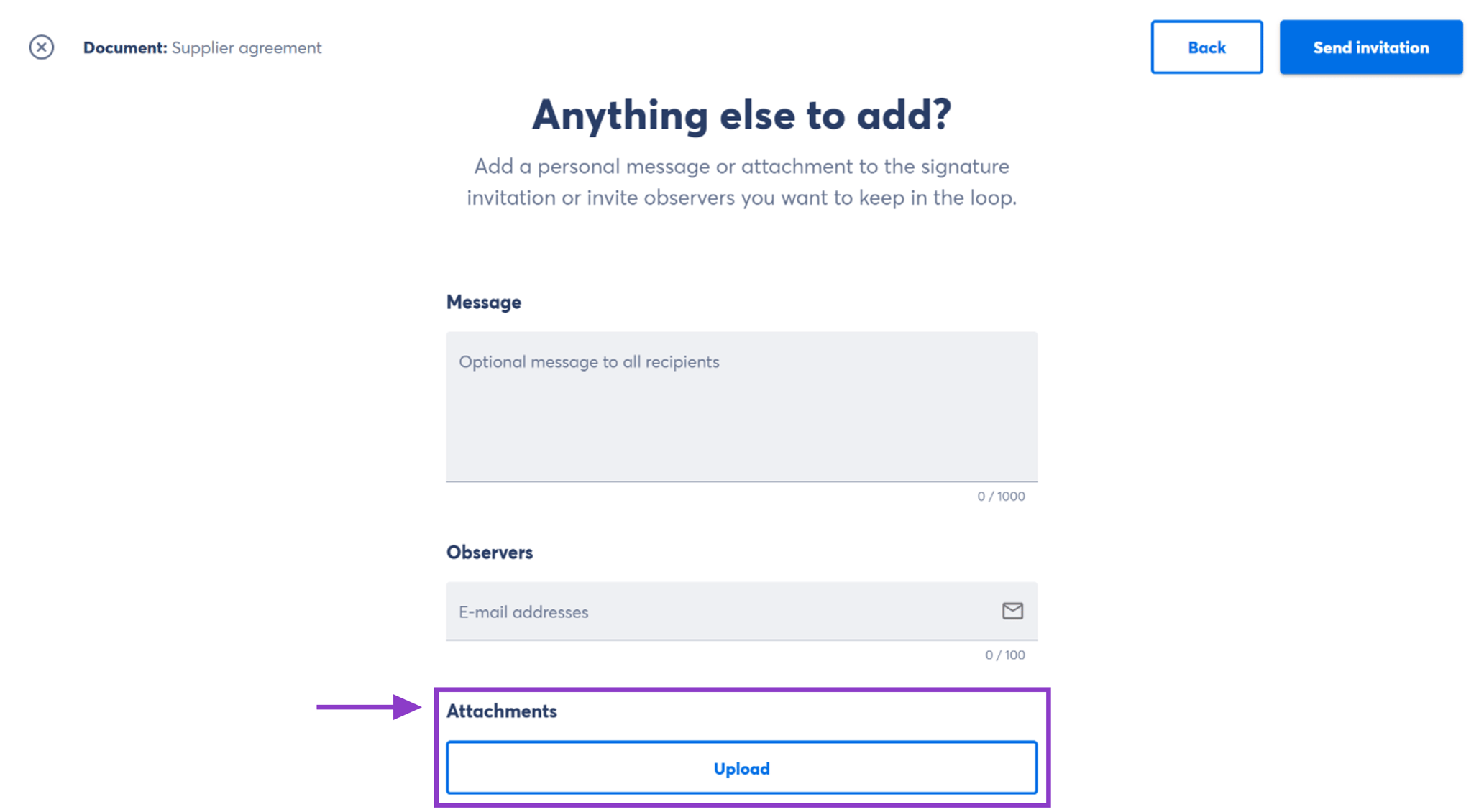 Adding attachments to a signature invitation